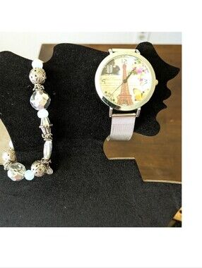 New Silver Mesh Strap Watch with Silver and Clear Beaded Bracelet
